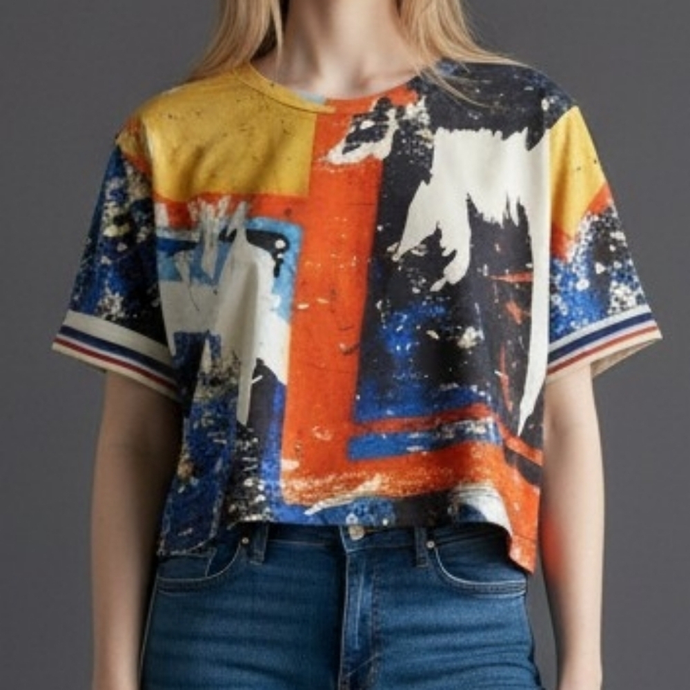 FOR KEEPS Abstract Rainbow Cropped Short Sleeve Baddie Box T-shirt Small